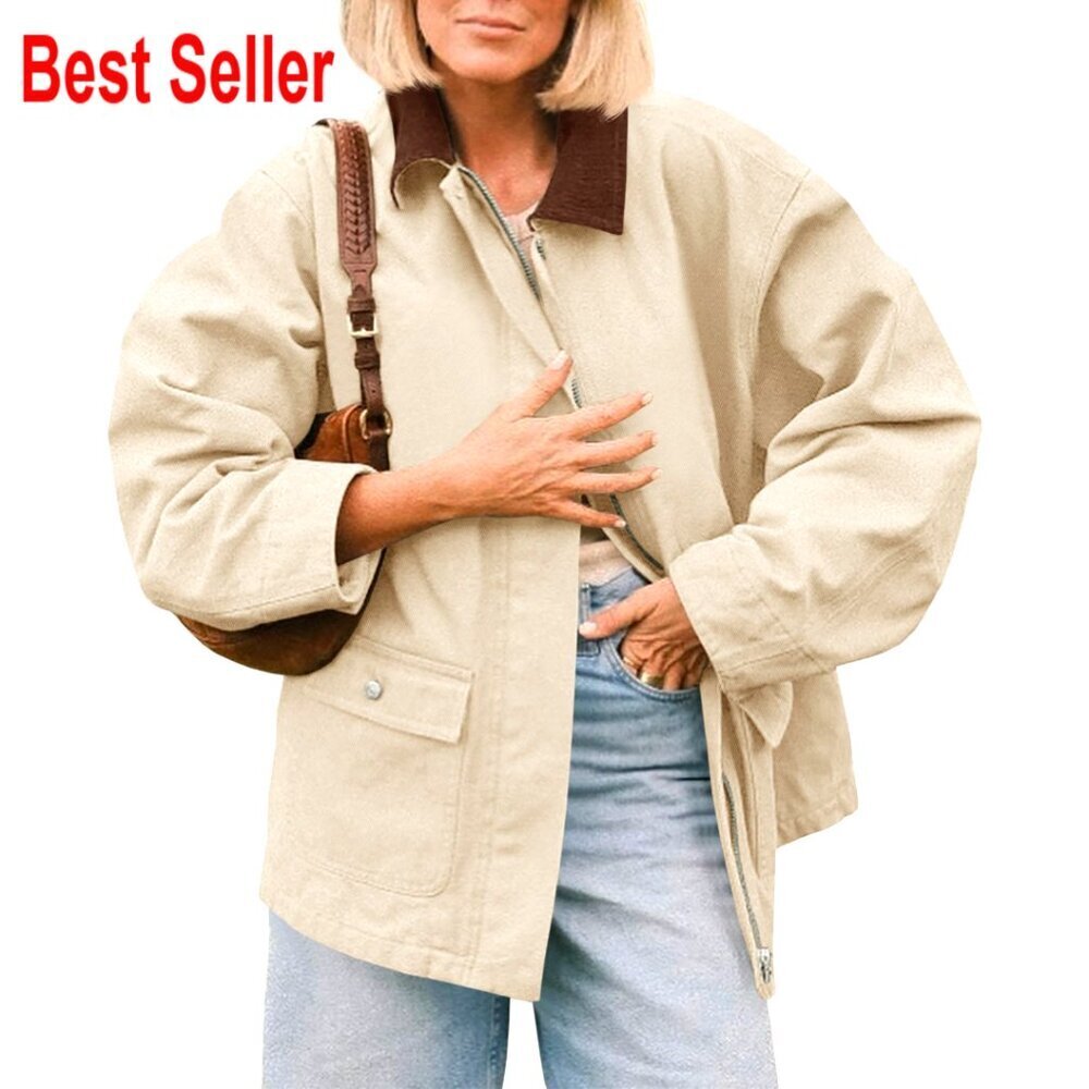 Oversized Barn Jacket Zip Up Military Safari Vintage Trench Coat with Pockets